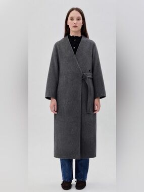 Rukkilill Japanese Gray Wool Linen Blend Wrap Coat Longline Minimalist One Size